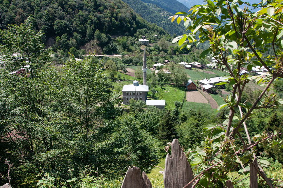Blick auf ein Dorf mit Moschee
